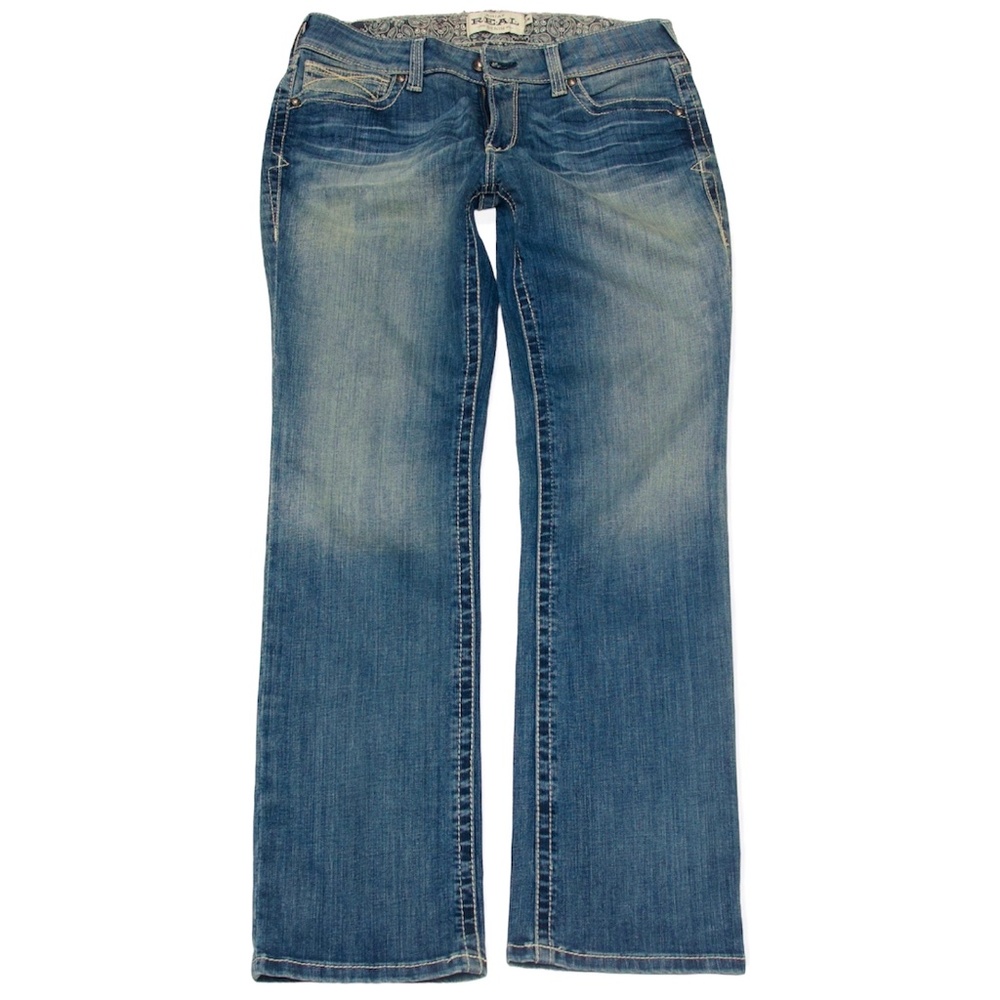 Ariat REAL Jeans Size 31R Measure 33x33 Mid Rise Bootcut Blue Stretch Denim